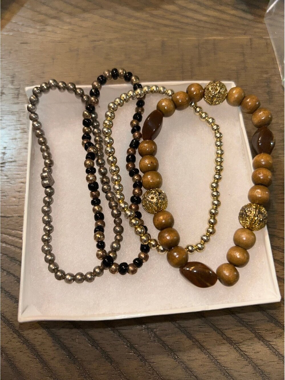 Lot of 4 Beaded Stretch Bracelets Gold Silver Black Wood Tone Fashion Jewelry